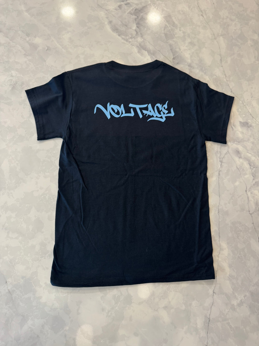Blue logo, black T-shirt