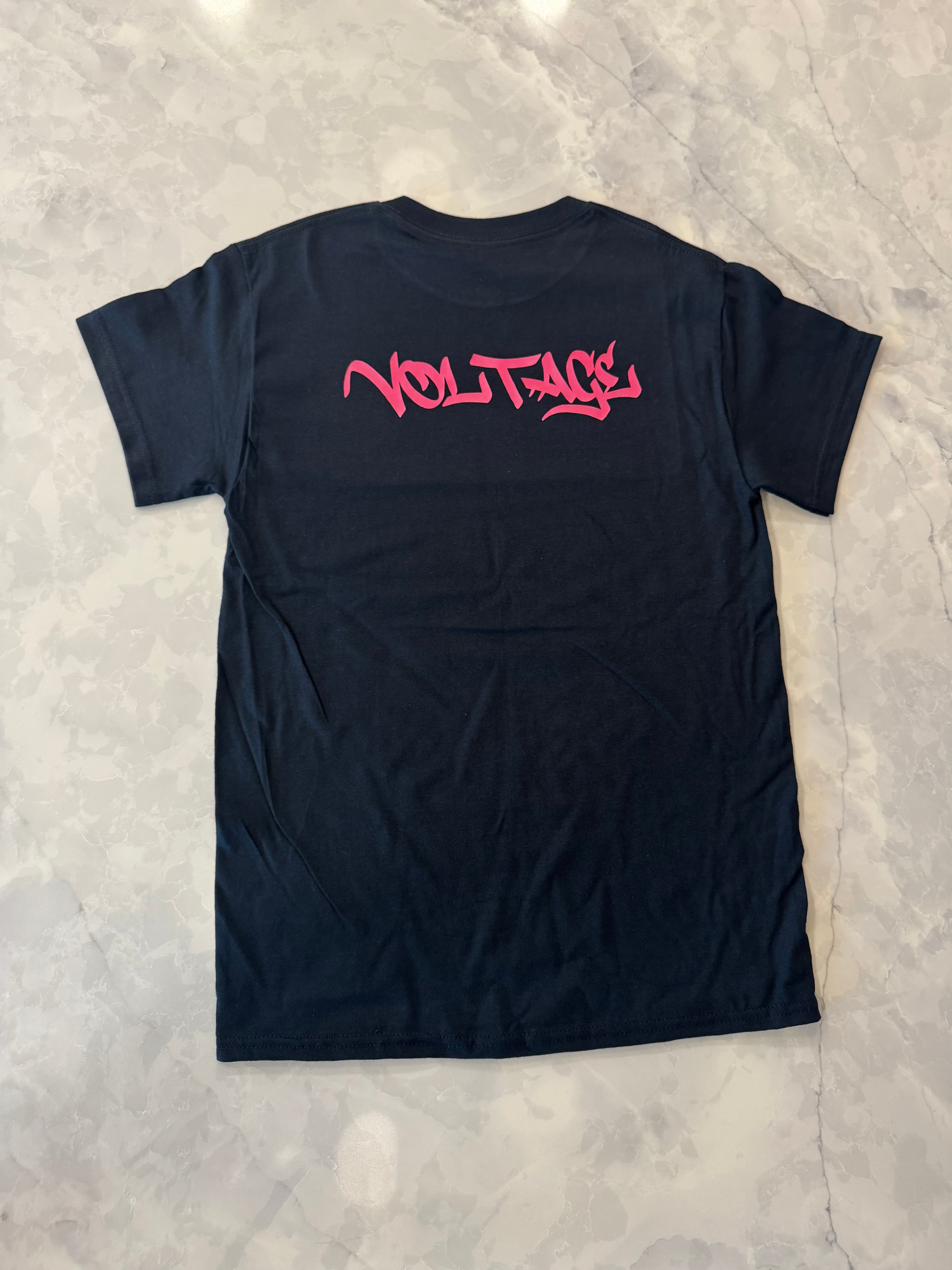Pink logo, black T-shirt