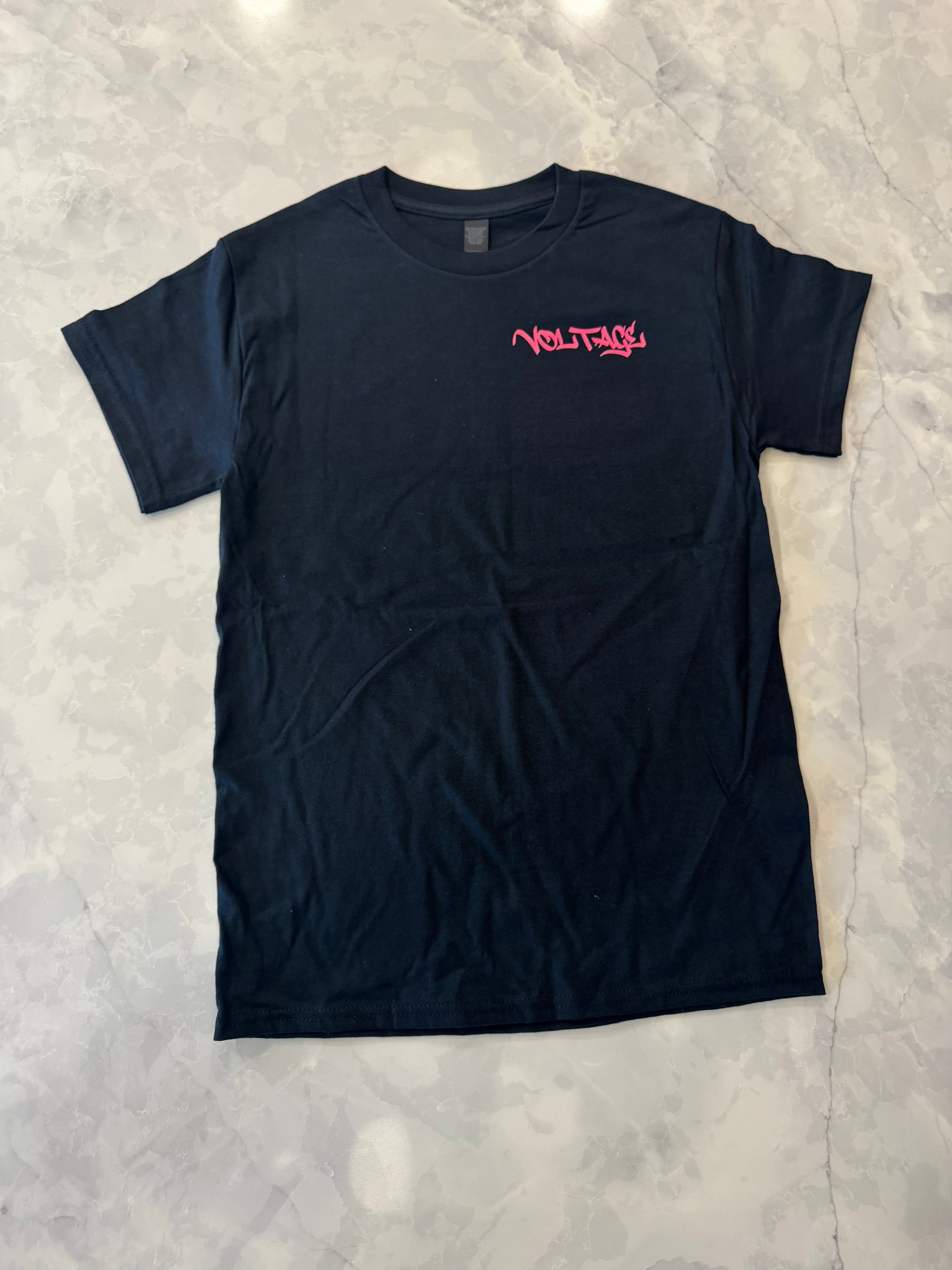 Pink logo, black T-shirt